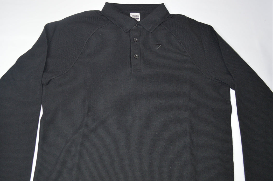Long Sleeve Waffle Polo Shirt Black