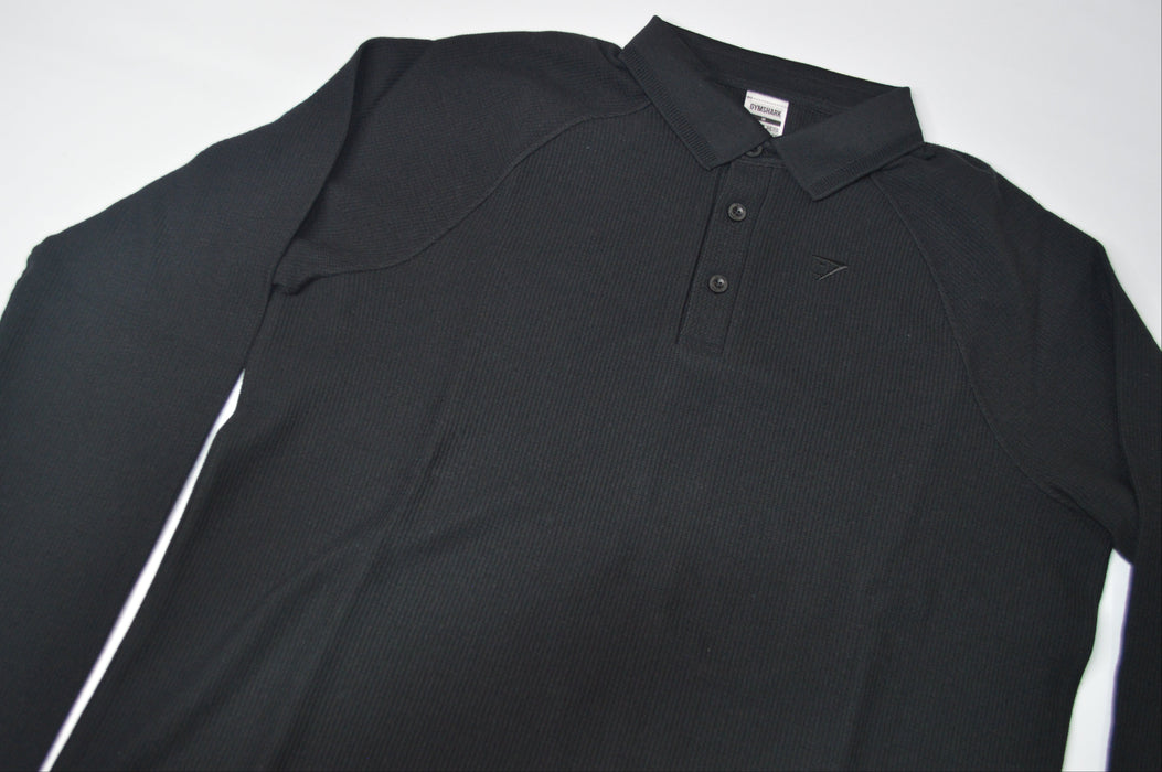 Long Sleeve Waffle Polo Shirt Black