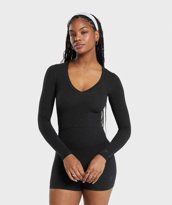 COTTON SEAMLESS LONG SLEEVE MIDI TOP- BLACK