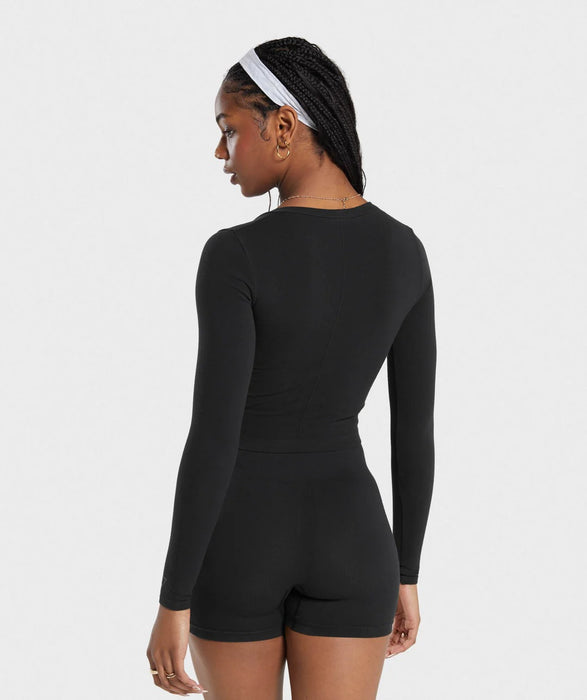 COTTON SEAMLESS LONG SLEEVE MIDI TOP- BLACK