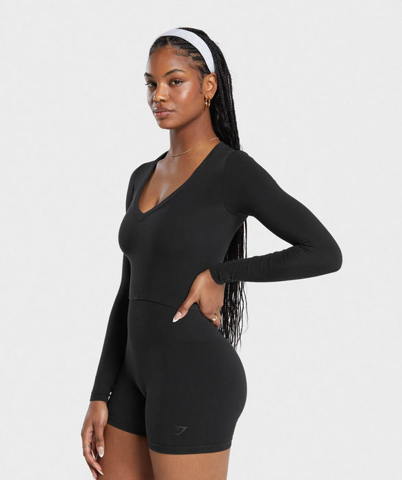 COTTON SEAMLESS LONG SLEEVE MIDI TOP- BLACK