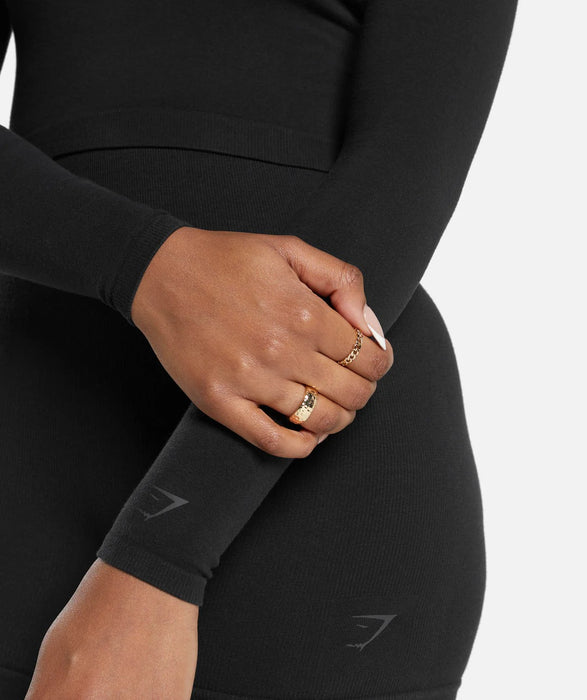 COTTON SEAMLESS LONG SLEEVE MIDI TOP- BLACK