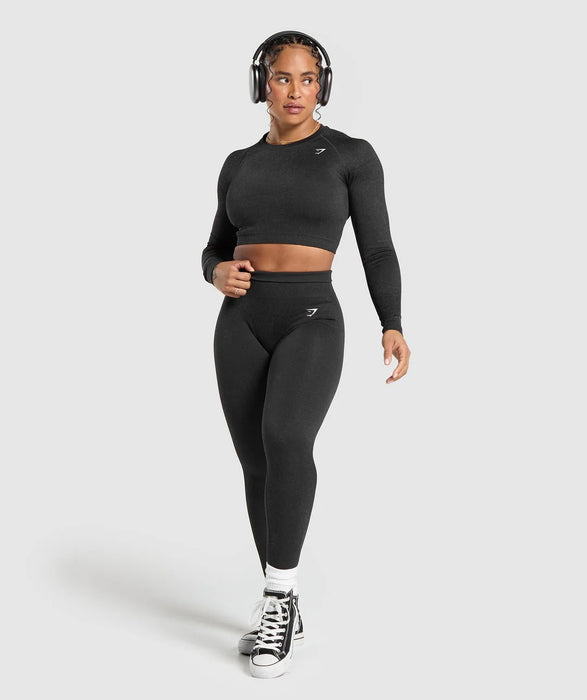 ADAPT FLECK SEAMLESS LONG SLEEVE CROP TOP-Mineral | Black