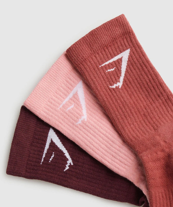 Crew Socks 3pk-Rich Maroon/Flamingo Pink/Rust Red