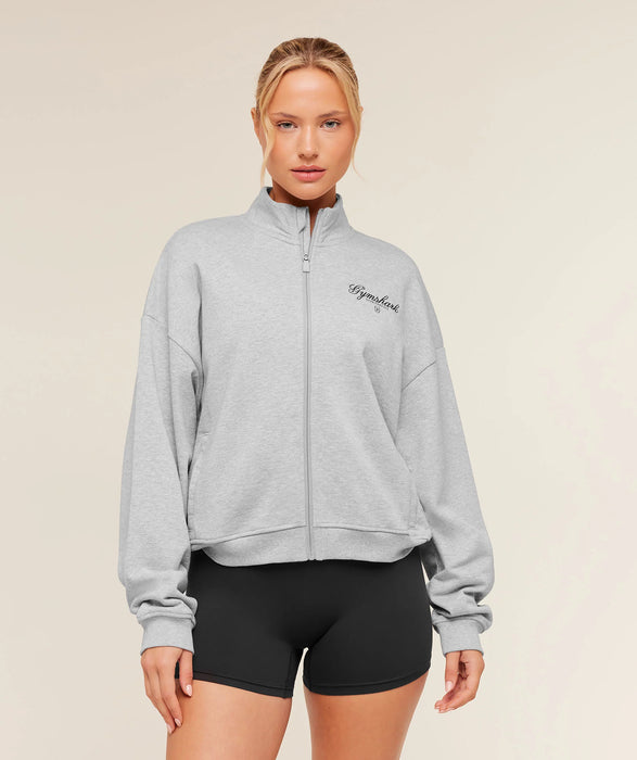 Script Embroidery Oversized Zip Through - Light Grey Core Marl